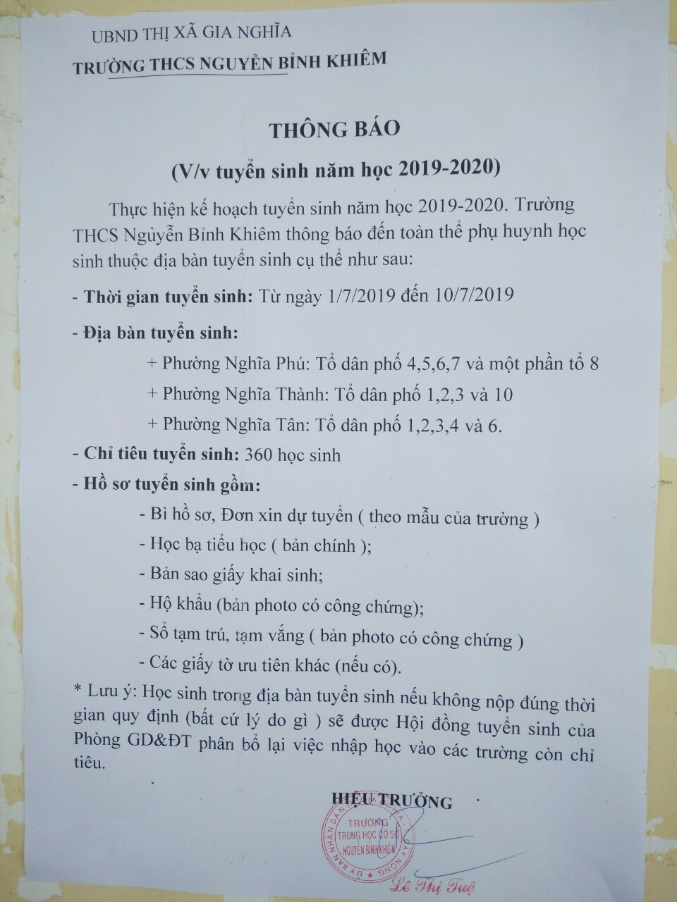 Thông báo tuyển sinh lớp 6 năm học 2019-2020