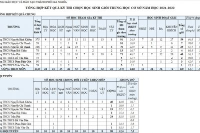 Tổng hợp kết quả học sinh giỏi cấp thành phố năm học 2021-2022.
