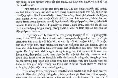 Chỉ thị số 16/CT-TTg ngày 31/3/2020 về thực hiện các biện pháp cấp bách phòng, chống dịch COVID-19