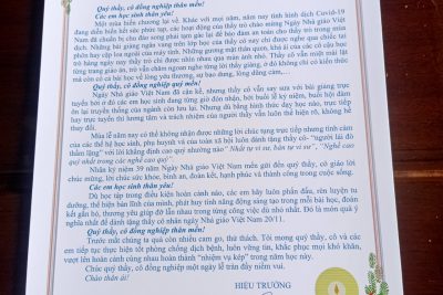 Thư gửi cán bộ, giáo viên, nhân viên và học sinh trường THCS Nguyễn Bỉnh Khiêm nhân  kỷ niệm 39 năm ngày nhà giáo Việt Nam 20/11/2021