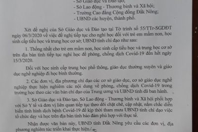 Công văn 951 của UBND tỉnh Đăk Nông, học sinh tiếp tục nghỉ học đến hết ngày 15/3/2020. Phụ huynh quản lý con em mình và nhắc nhở các em ôn bài.