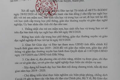 Công văn 791 của UBND tỉnh Đăk Nông, học sinh tiếp tục nghỉ học đến hết ngày 8/3/2020. Phụ huynh quản lý con em mình và nhắc nhở các em ôn bài.