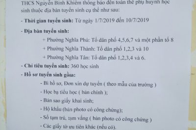 Trường THCS thông báo tuyển sinh học sinh lớp 6 năm học 2019-2020. Bán và nhận hồ sơ tuyển sinh từ 1/7/2019 đến 10/7/2019. Ghi chú: Tổ dân phố 8, phường Nghĩa Phú không nhận.