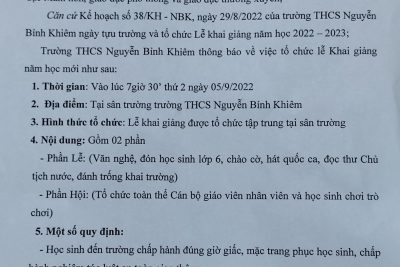 THÔNG BÁO VỀ VIỆC TỔ CHỨC KHAI GIẢNG NĂM HỌC MỚI 2022- 2023.